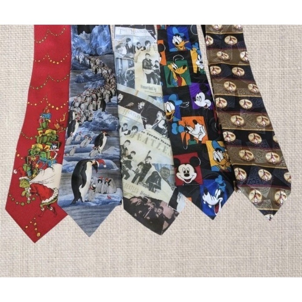 5 Novelty Neck Ties Beatles Tabasco Golf Penguins Dr Seuss Disney Christmas Mens